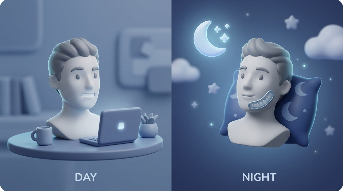 Day vs night bruxism split: desk clenching by day and pillow with slim night guard icon by night.