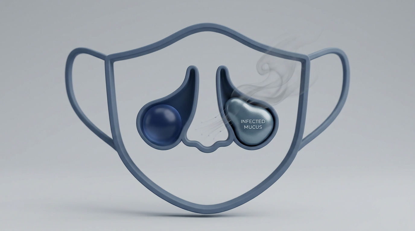 Sinus infection odor source: mask with one affected sinus and faint scent wisps