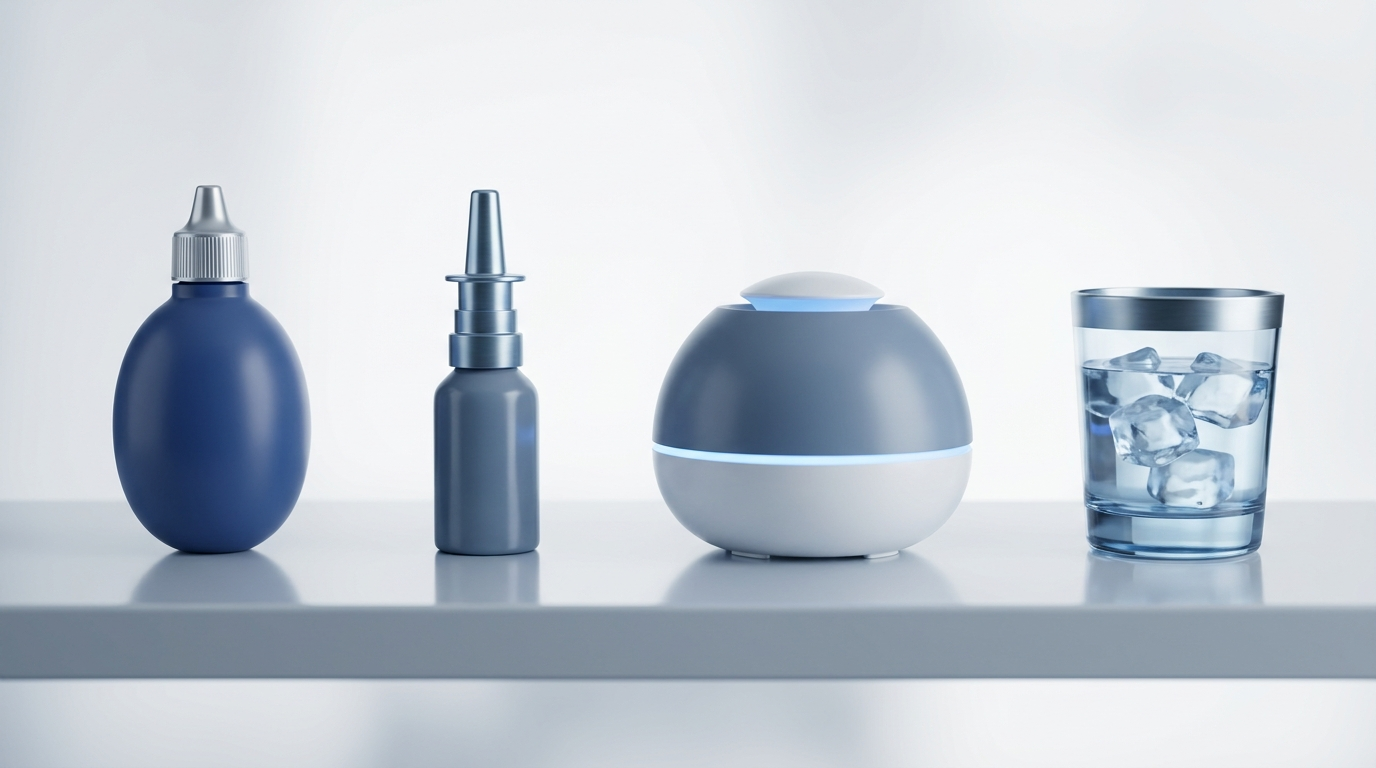 ENT-friendly treatments: saline, nasal steroid, humidifier, and water on a clean shelf
