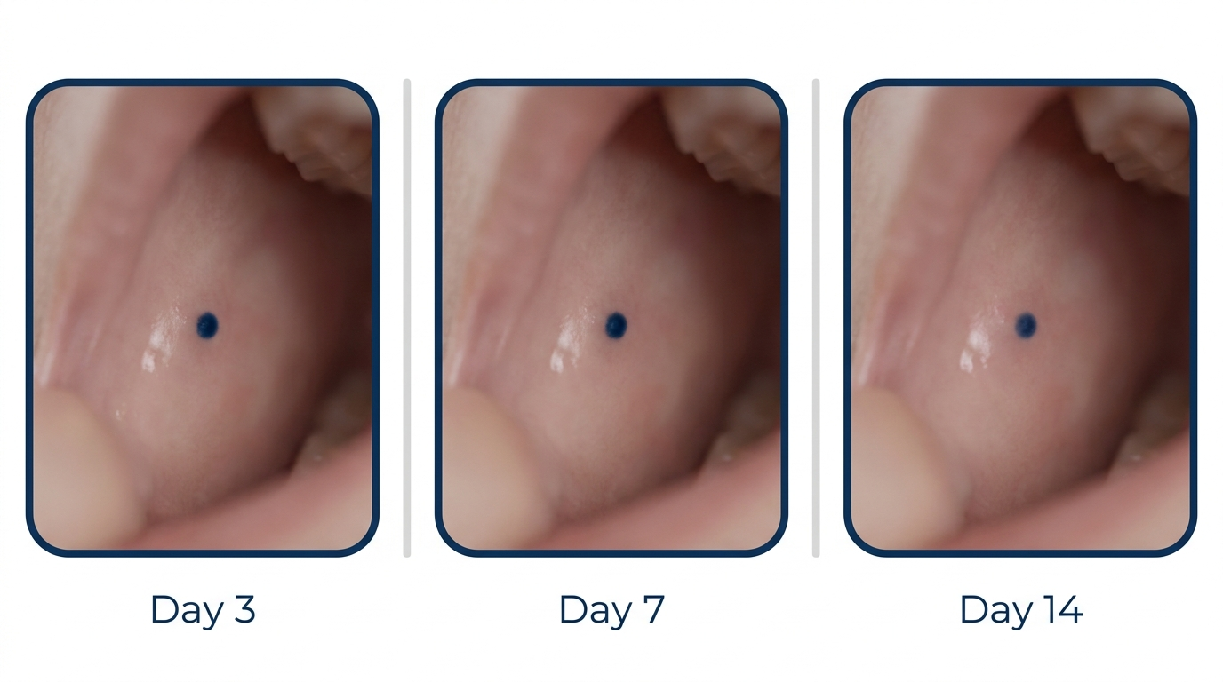 Triptych showing a mouth ulcer persisting over time