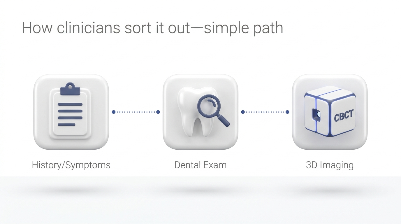 Diagnosis path: history, dental exam, CBCT timeline