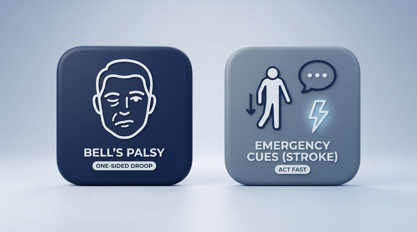 At-a-glance icons contrasting one-sided facial droop cues with broader emergency stroke warning signs.