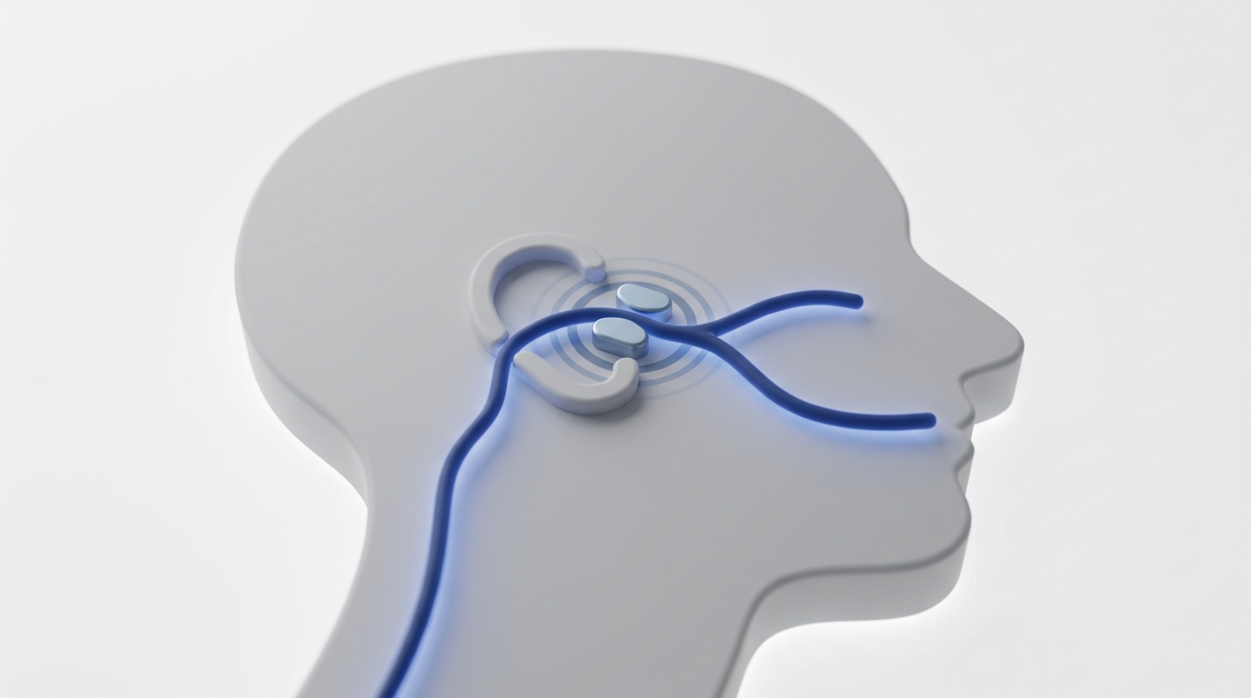 Simplified head silhouette with a glowing facial nerve path through a tight ear tunnel indicating inflammation.