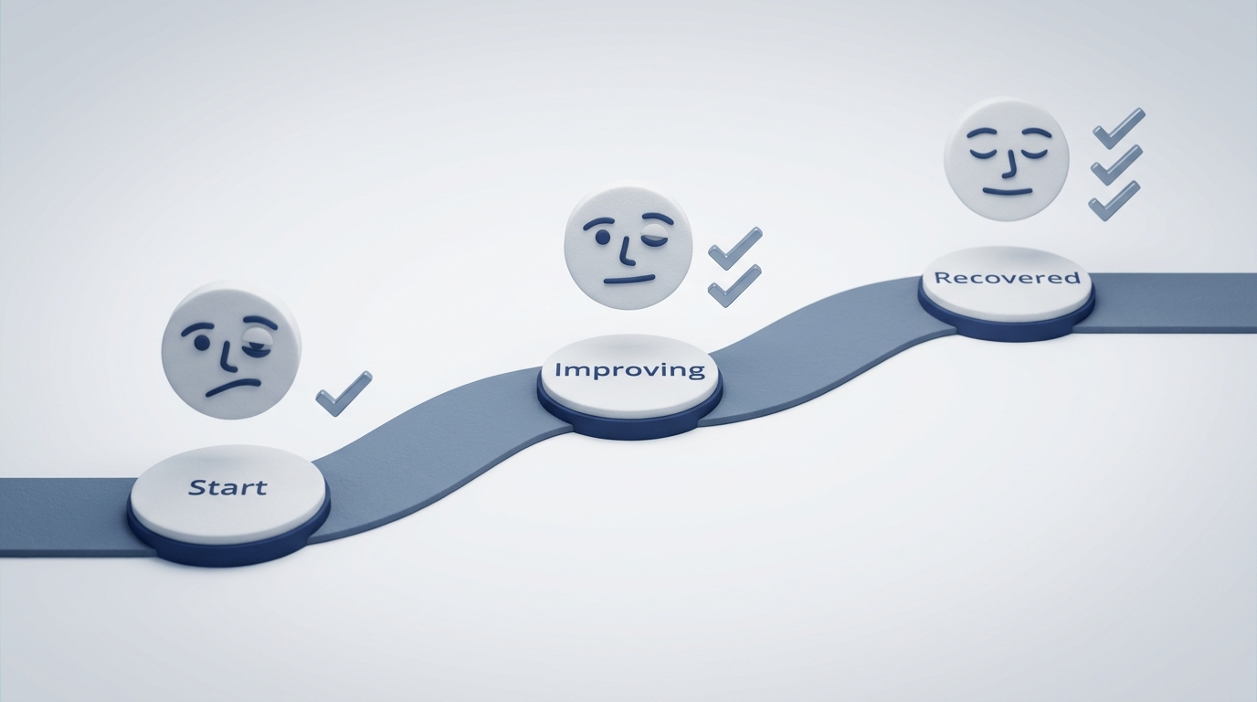 Minimal recovery timeline showing progression from start to improving to recovered with increasing facial symmetry.