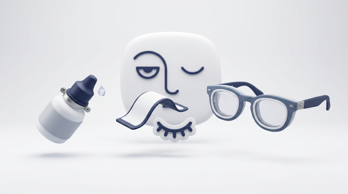 Eye protection essentials: drops, sleep tape over a closed eyelid icon, and moisture-chamber glasses.