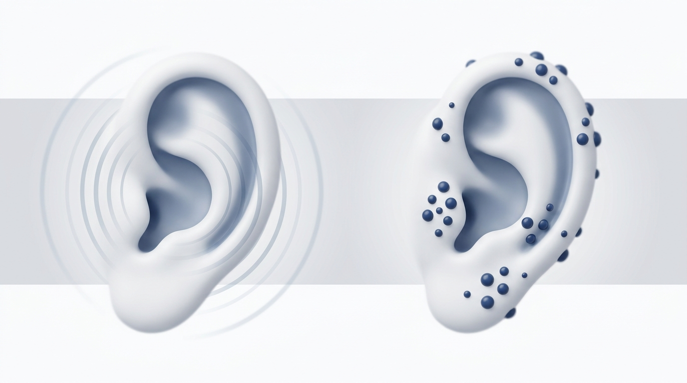 Side-by-side ears: subtle pain rings for Bell's palsy vs small blister-like dots for Ramsay Hunt syndrome.