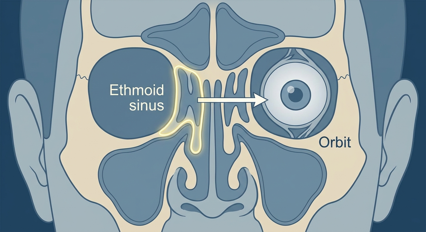 Ethmoid sinus highlighted with arrow toward the orbit
