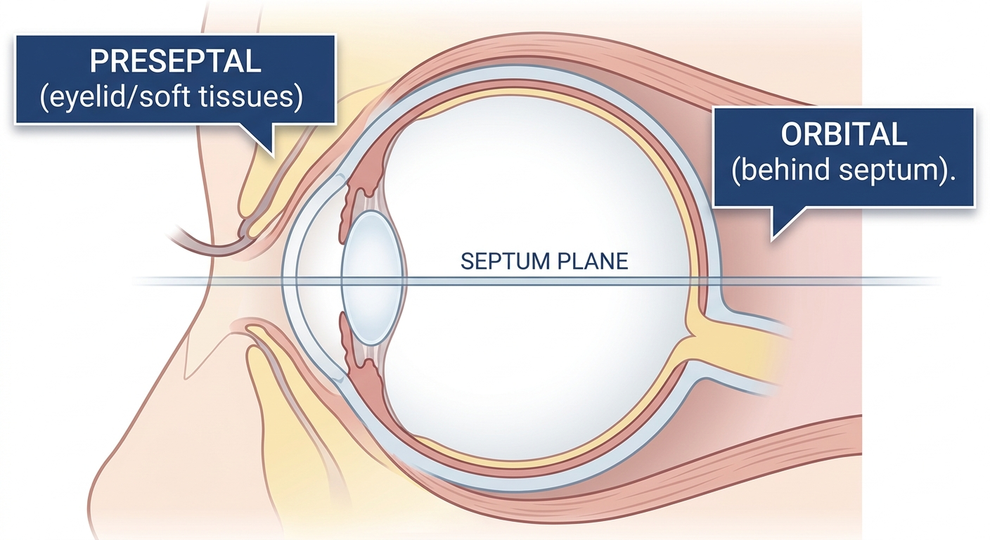 Diagram of eye with orbital septum showing preseptal vs orbital regions