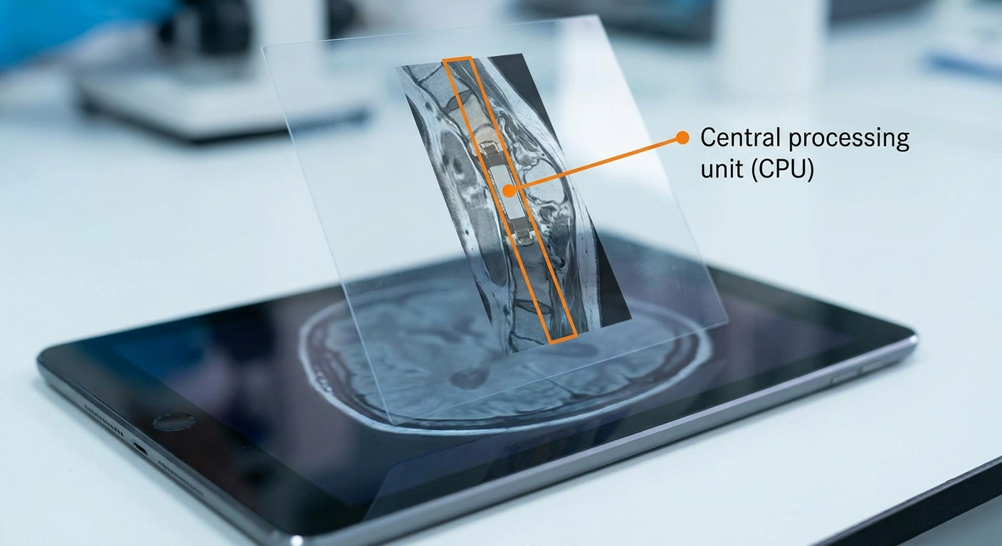 Tablet displaying a single annotated CT slice with pointer