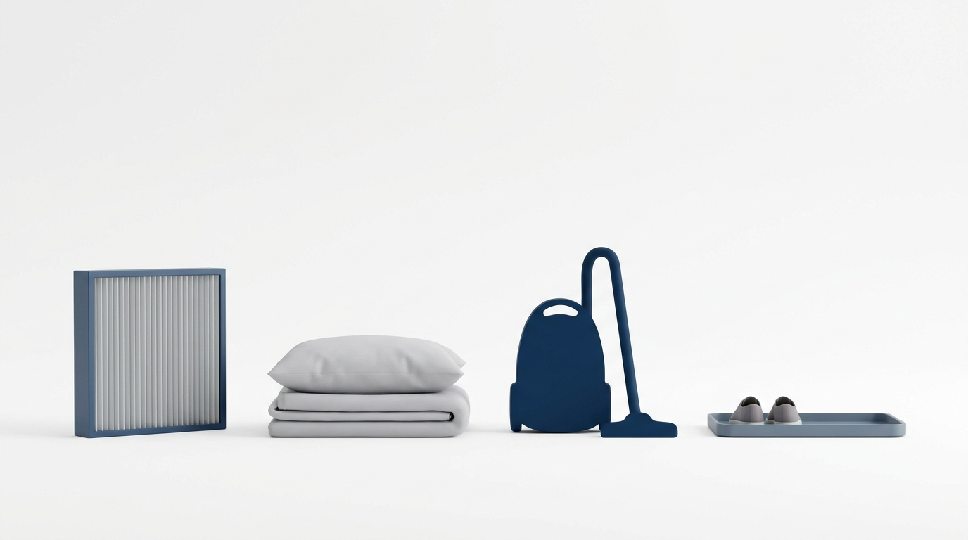 Minimal 3D still life of HVAC filter, bedding, vacuum, and shoe tray for home reset.