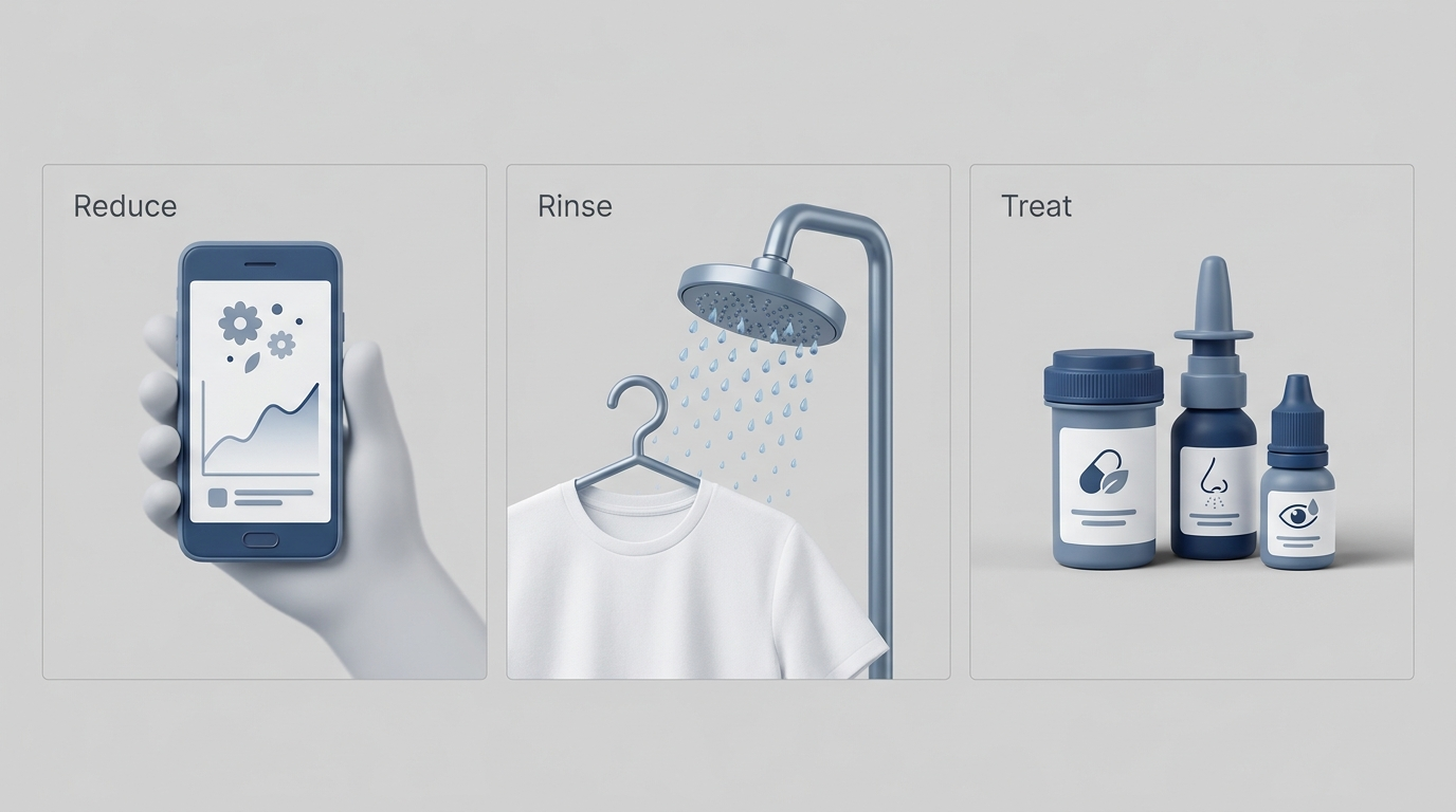 Triptych of pollen tracking phone, shower/hanger, and OTC meds in clean 3D.