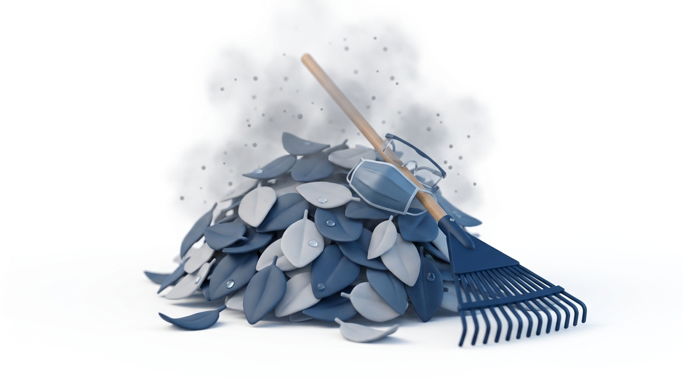Simplified 3D leaf pile with rake, mask, and subtle mold spore haze.