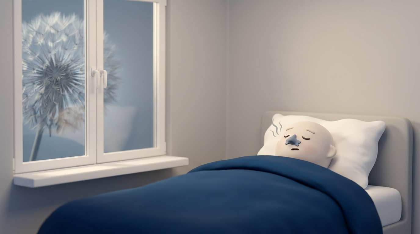 Minimal 3D bedroom with closed window and large ragweed sphere outside, suggesting peak pollen.