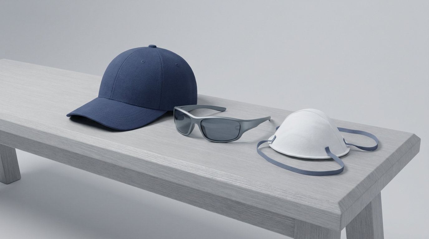 Pre-workout gear: hat, wraparound sunglasses, and an N95-style mask arranged neatly