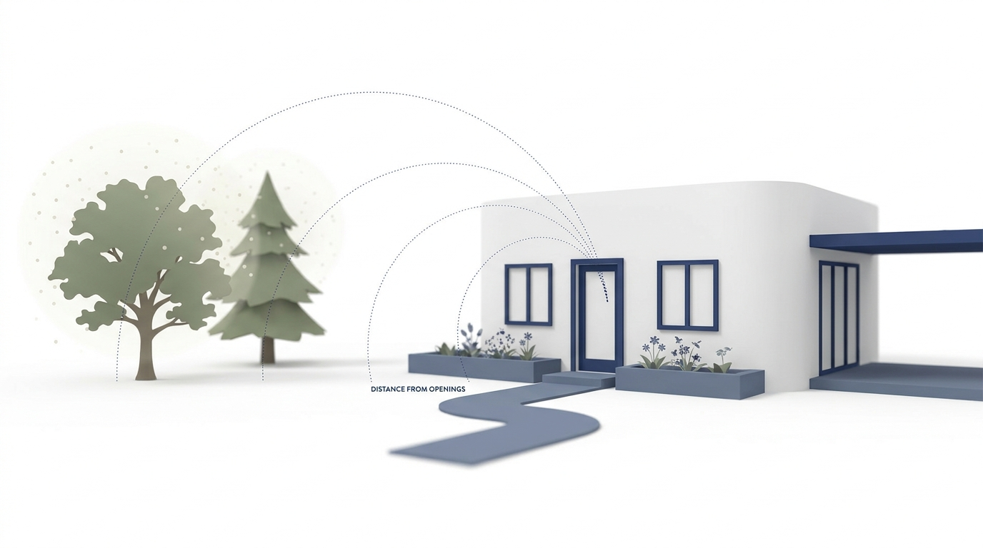 Yard plan showing high-pollen trees placed far from doors and windows