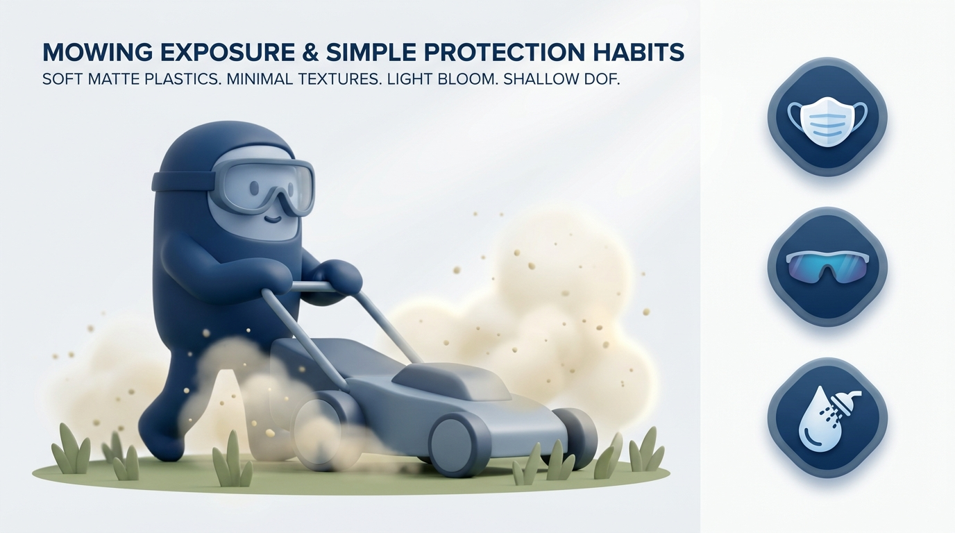 Mowing exposure with badges for mask, wraparound sunglasses, and shower habits
