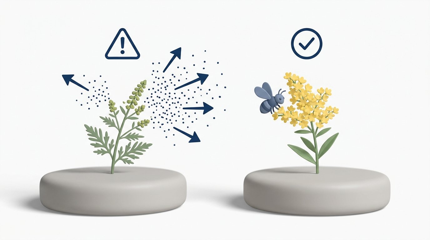 Ragweed vs goldenrod comparison showing drifting ragweed pollen vs insect-pollinated goldenrod