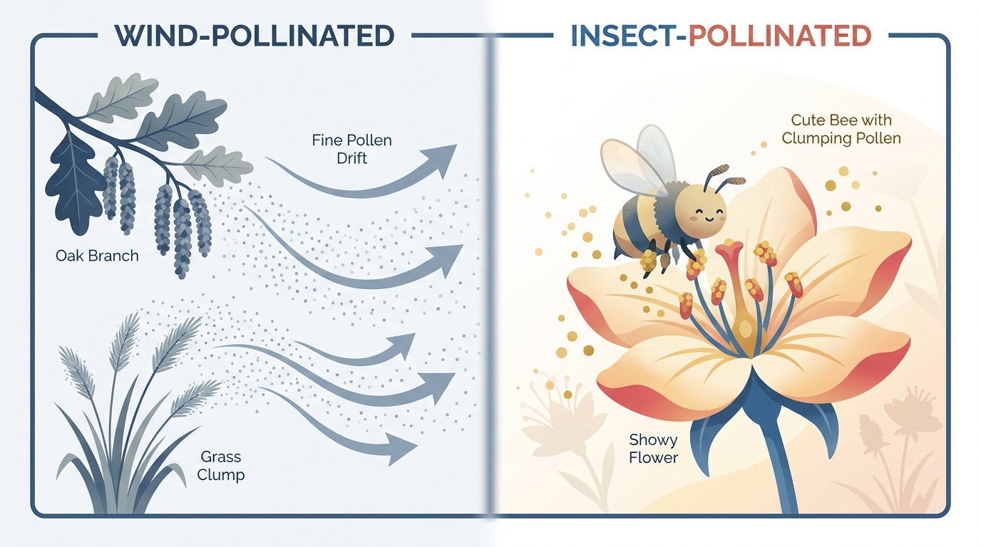 Comparison of wind-pollinated vs insect-pollinated plants showing drifting vs heavier pollen