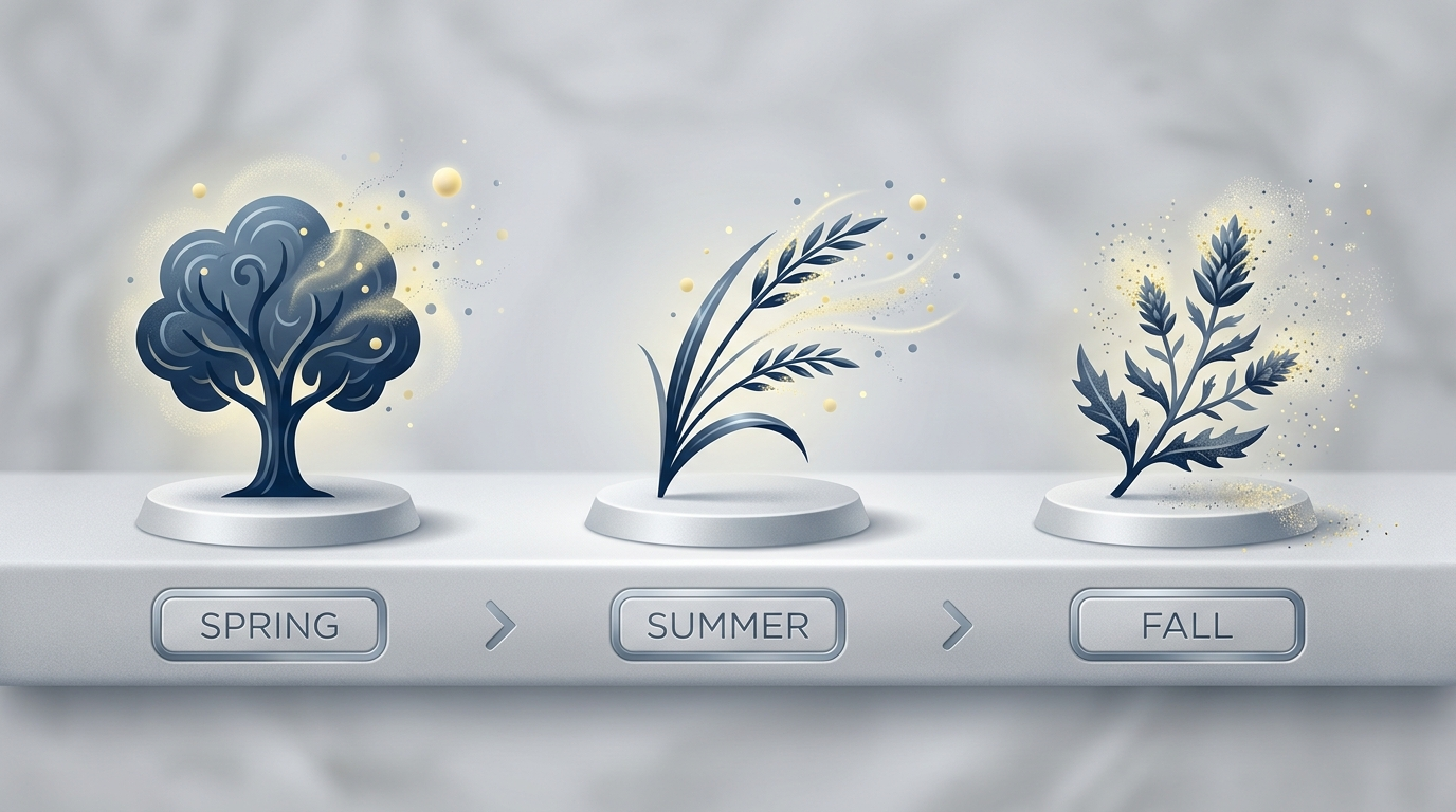 Georgia pollen season timeline showing tree in spring, grass in summer, weed in fall