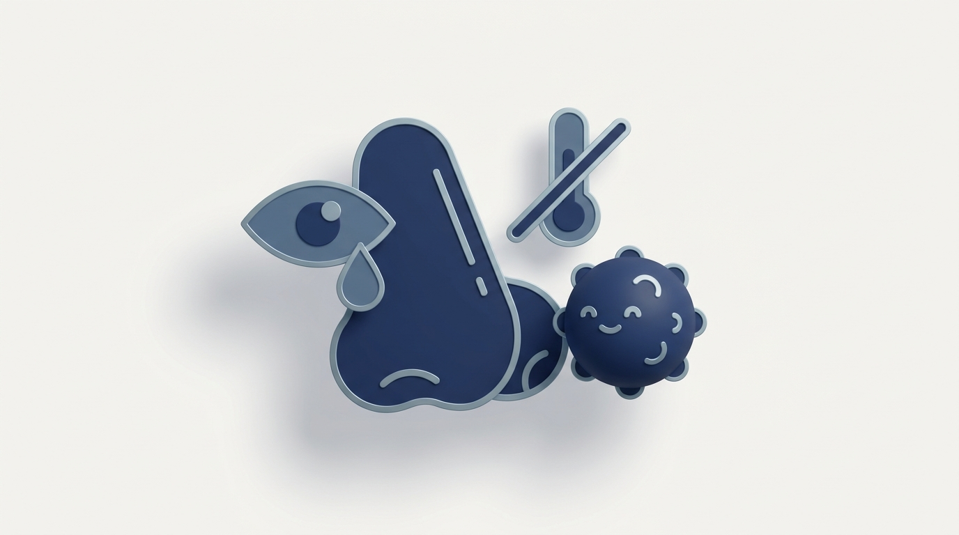 Allergy, not infection: simplified nose/eyes with pollen and a crossed-out thermometer icon