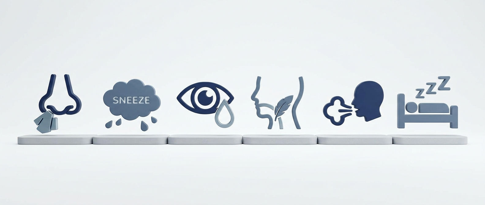 Common allergy symptoms icons: stuffy nose, sneeze, watery eye, tickly throat, cough, fatigue