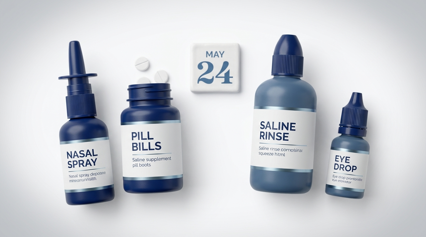 Treatment toolkit: intranasal spray, antihistamine bottle, saline rinse, eye drops with small calendar tile