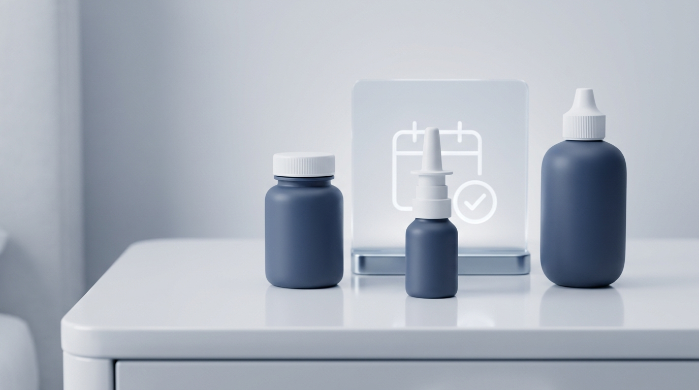 Nightstand with nasal spray, pill bottle, and saline rinse suggesting a simple treatment routine