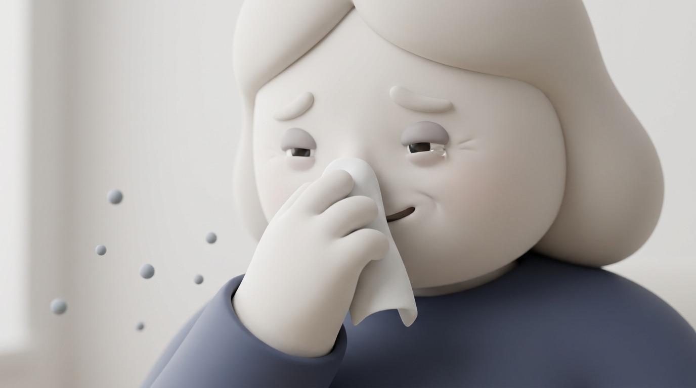 Friendly character with tissue showing sneeze and itchy eyes allergy symptoms