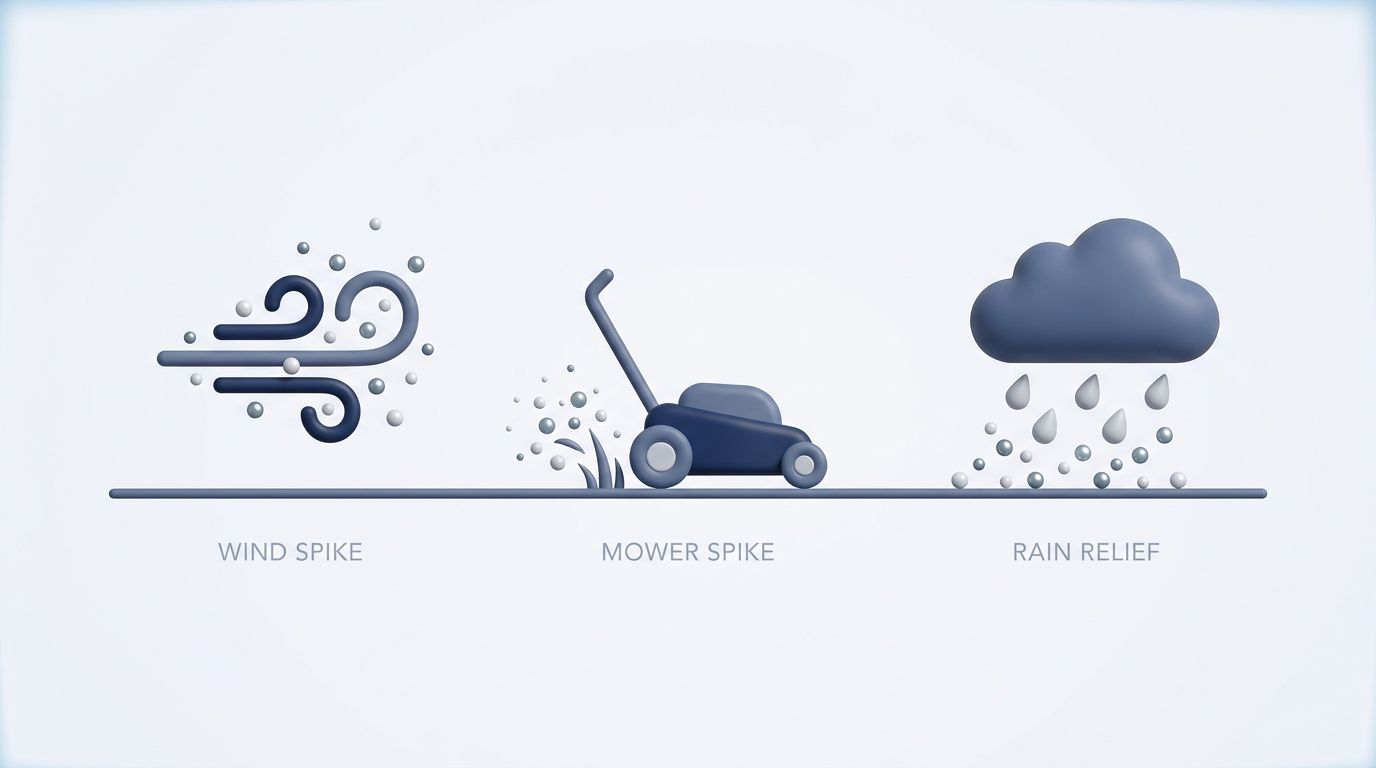 Daily and weather pollen triggers: wind, mowing, and rain effects