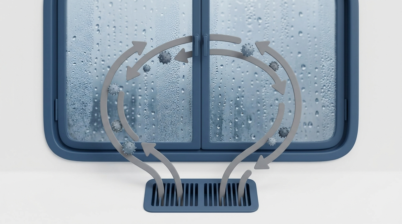 Closed window with indoor condensation and recirculating air arrows