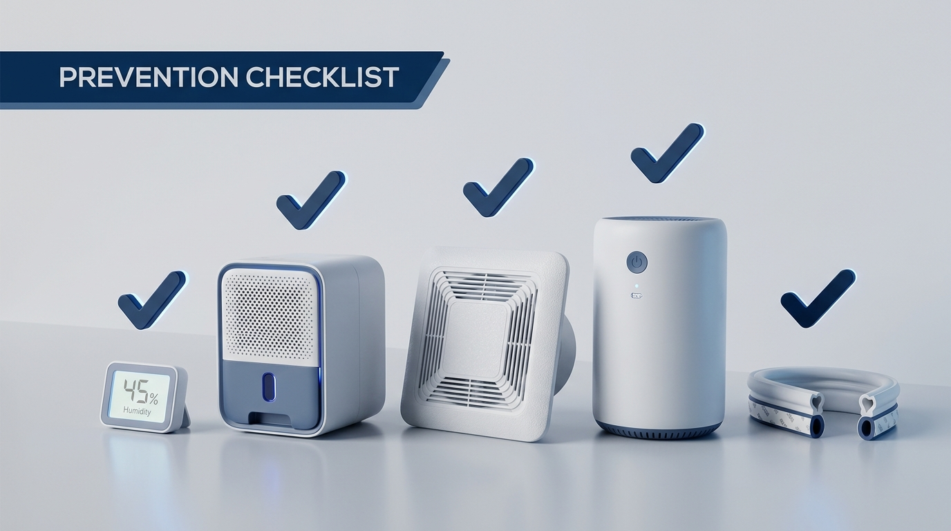 Prevention checklist: hygrometer, dehumidifier, bath fan, HEPA purifier, weatherstripping with checkmarks