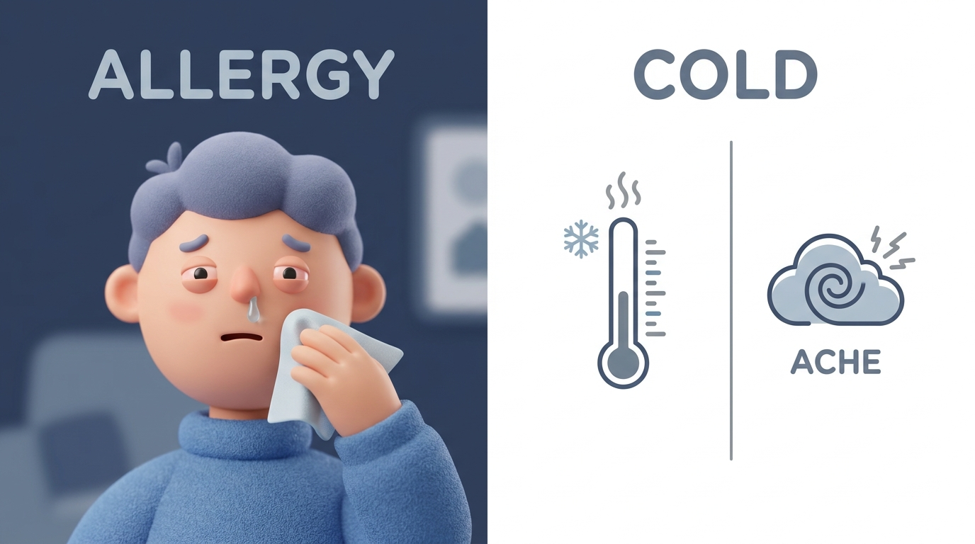 Allergy vs cold visual: sneezy character vs thermometer and ache icons