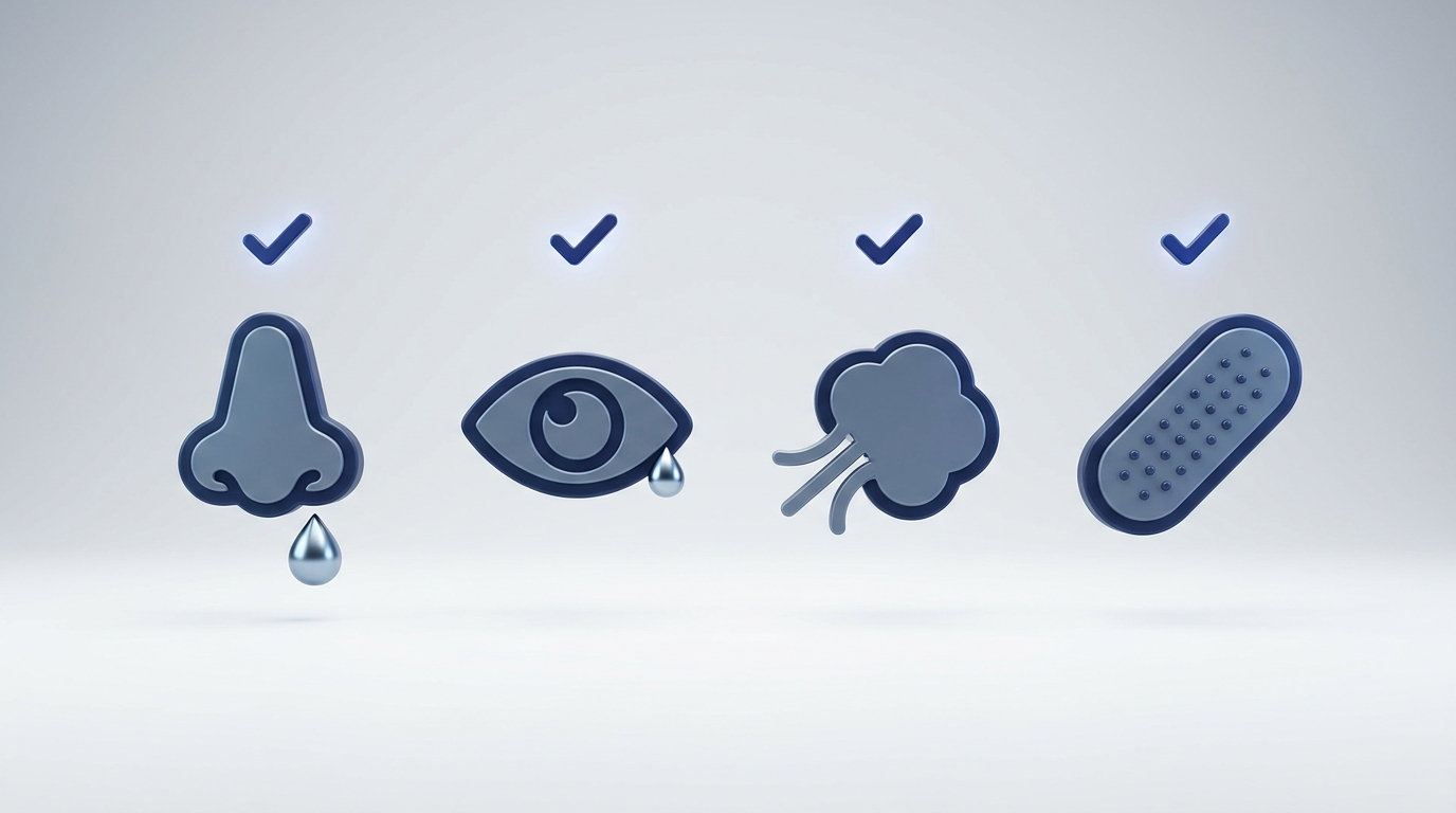 Allergy symptoms these help: runny nose, itchy/watery eyes, sneeze, hives icons