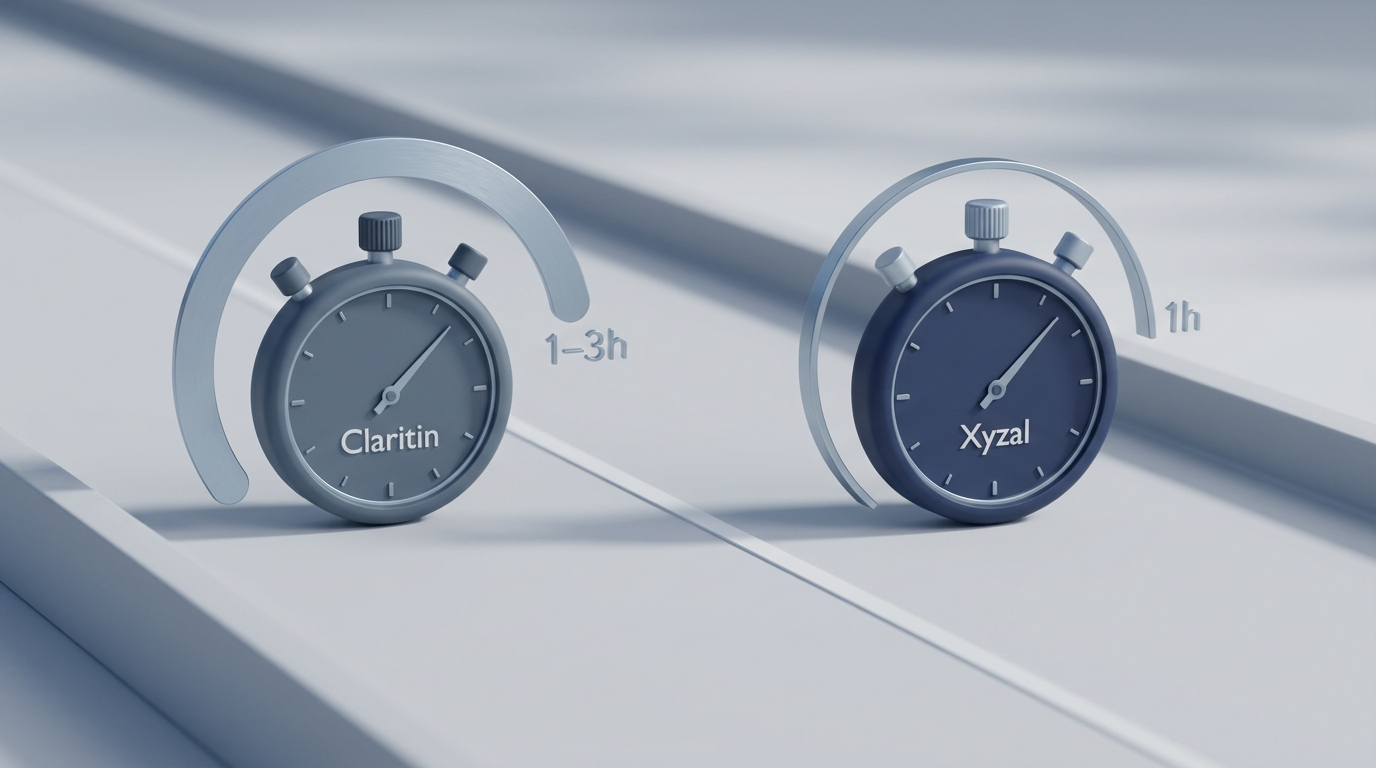 Which works faster: split scene stopwatches showing Claritin 1–3h vs Xyzal 1h
