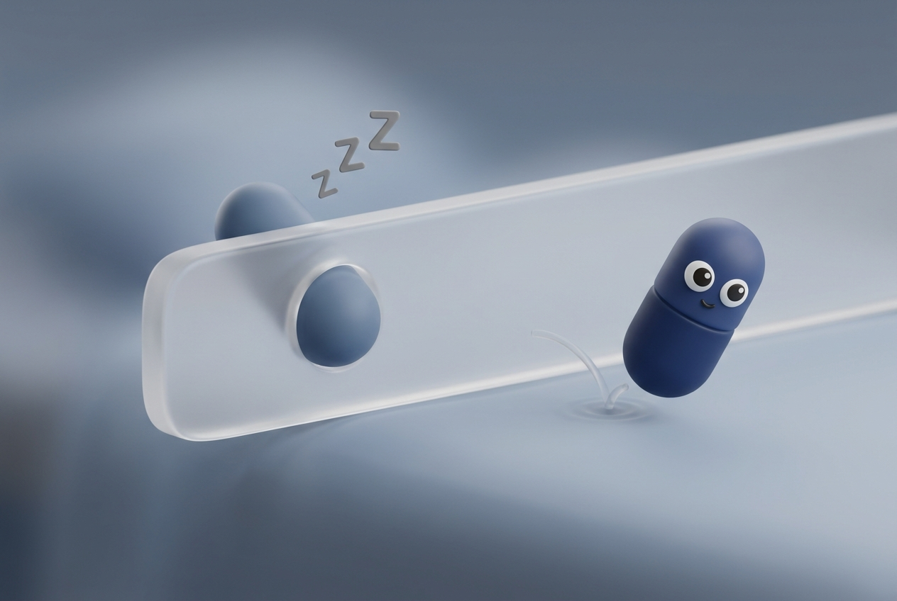 Pill crossing vs bouncing off a translucent barrier with Zzz to show drowsiness differences