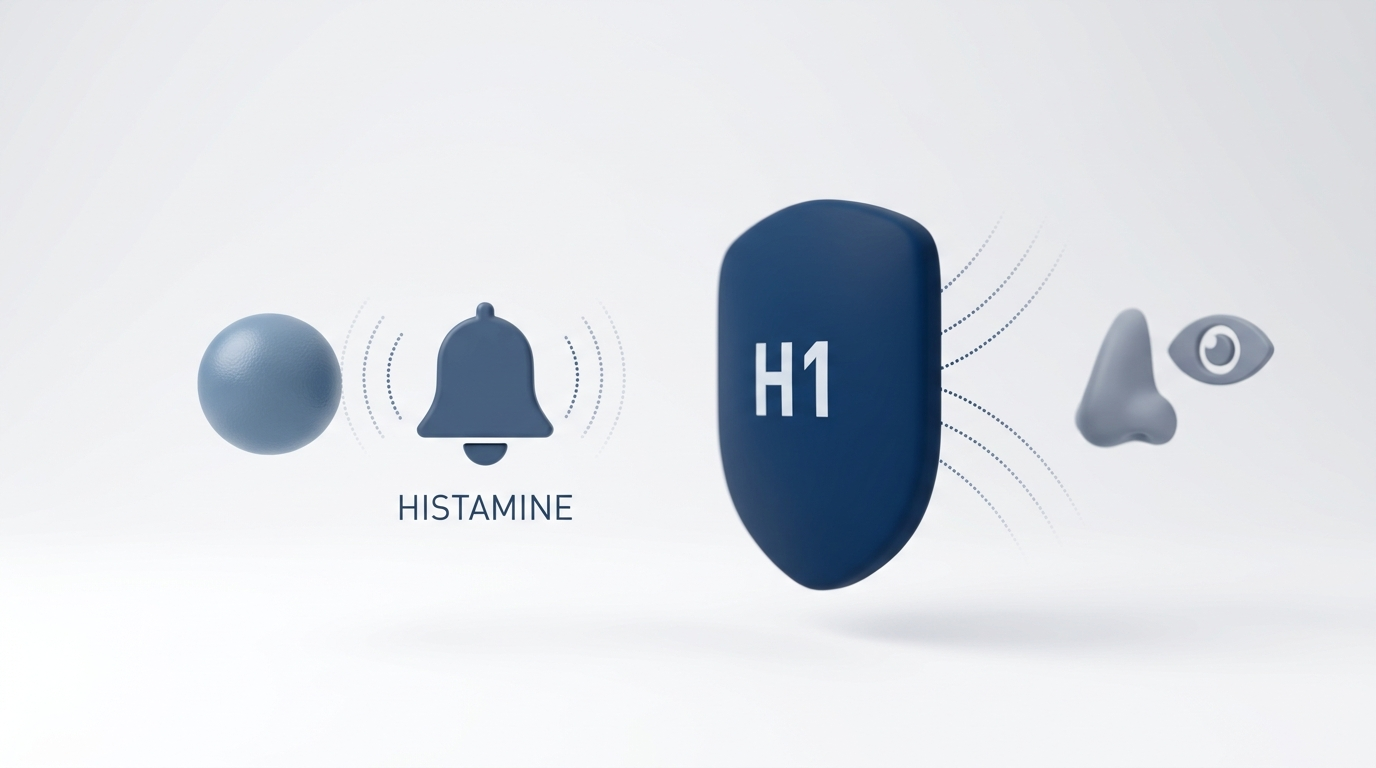 Minimalist histamine alarm with H1 shield blocking signals to nose/eyes