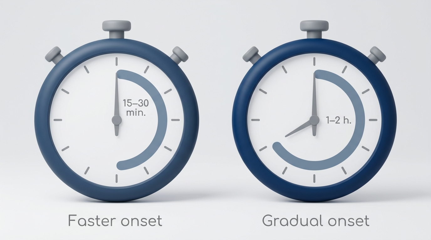 Two stopwatches showing 15–30 min vs 1–2 h onset speed