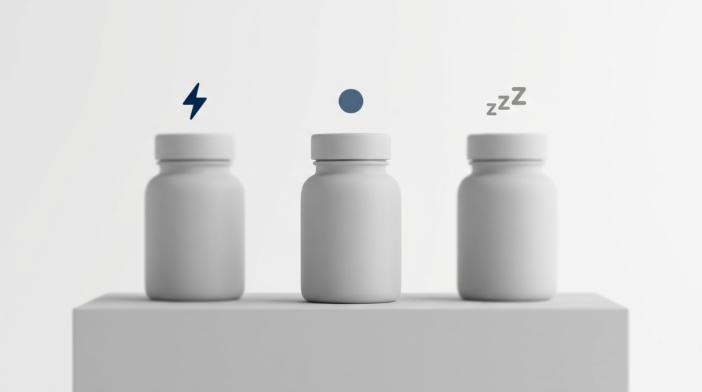 Relative sedation: bottles with alert, neutral, and drowsy icons