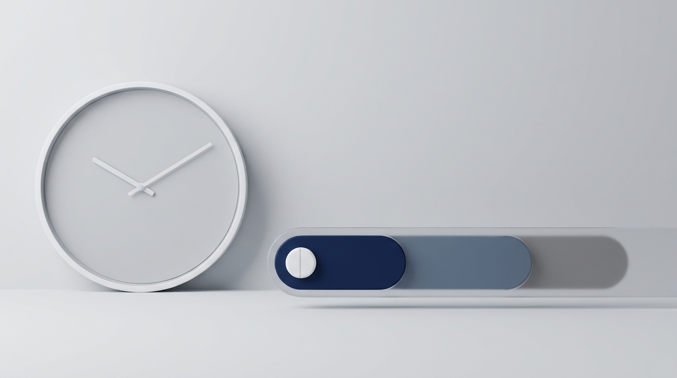 Lingering symptoms after a dose: large minimalist clock and a relief bar that fades over time.
