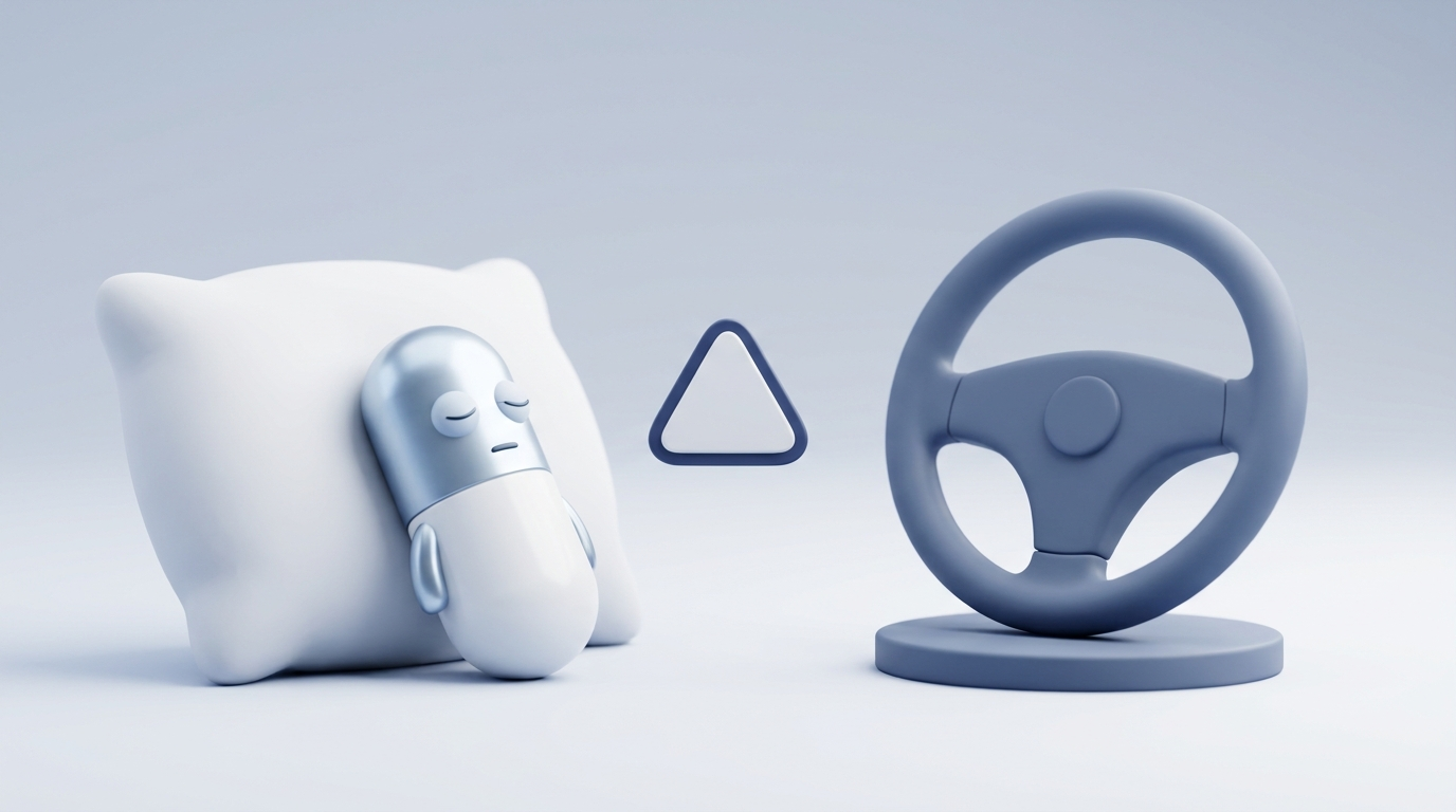 Side effects versus safety: sleepy pill on a pillow opposite a steering wheel with a caution icon.