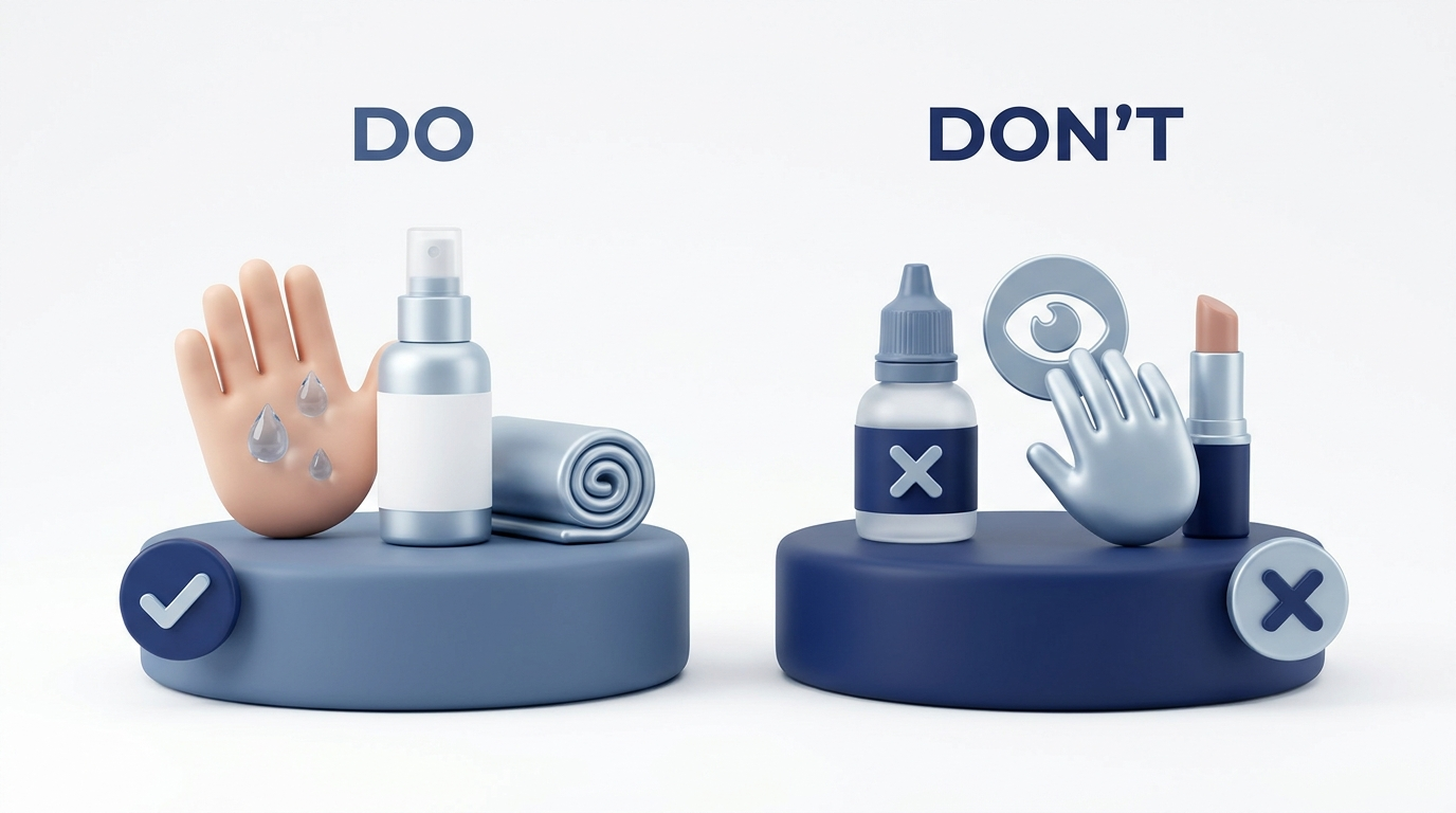 Simple do/don't objects for eye hygiene and preventing spread.