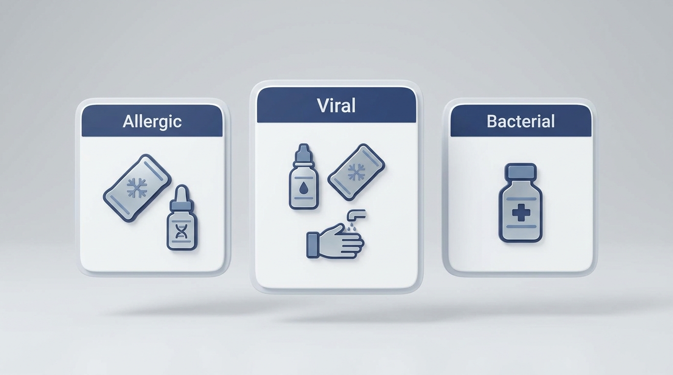 Three minimal treatment icons for allergy, viral, and bacterial conjunctivitis.