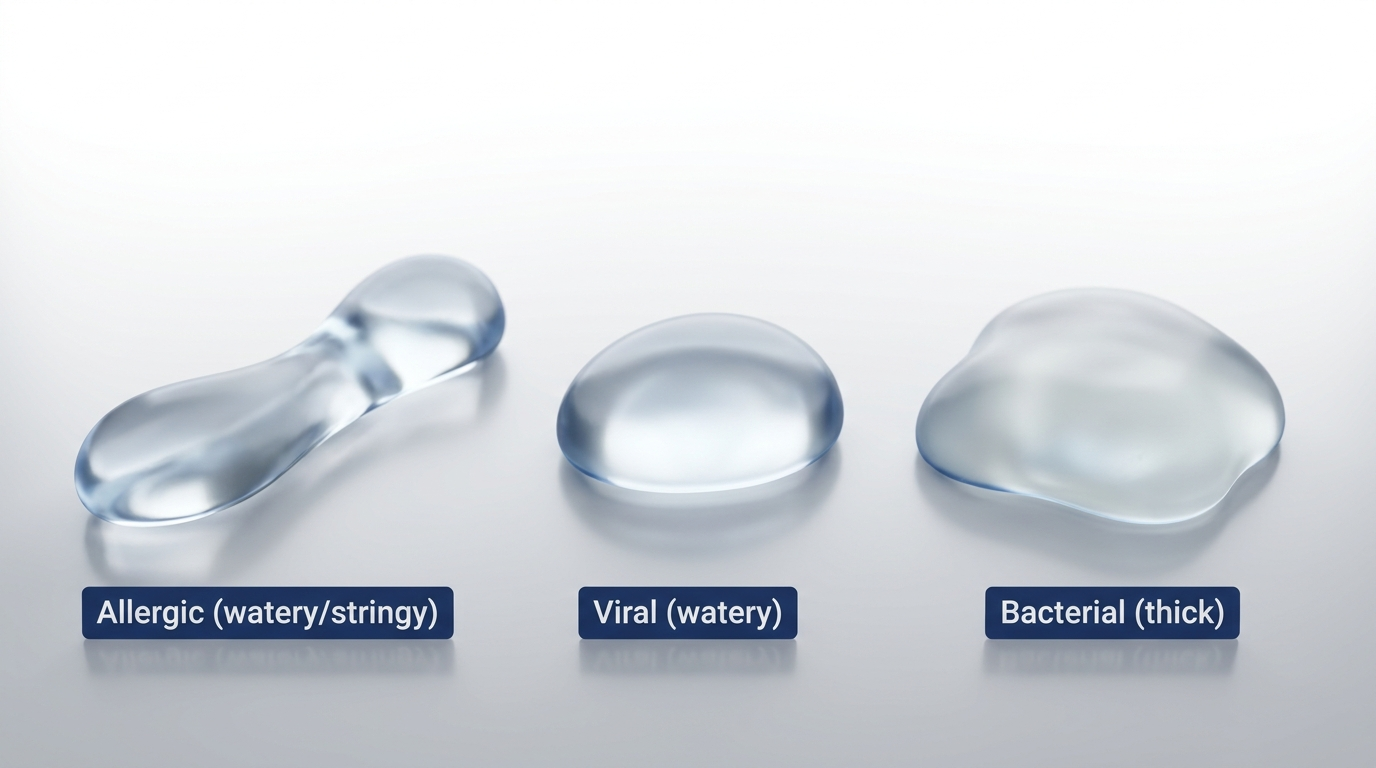 Three simplified droplets showing thin/stringy, watery, and thick discharge types.