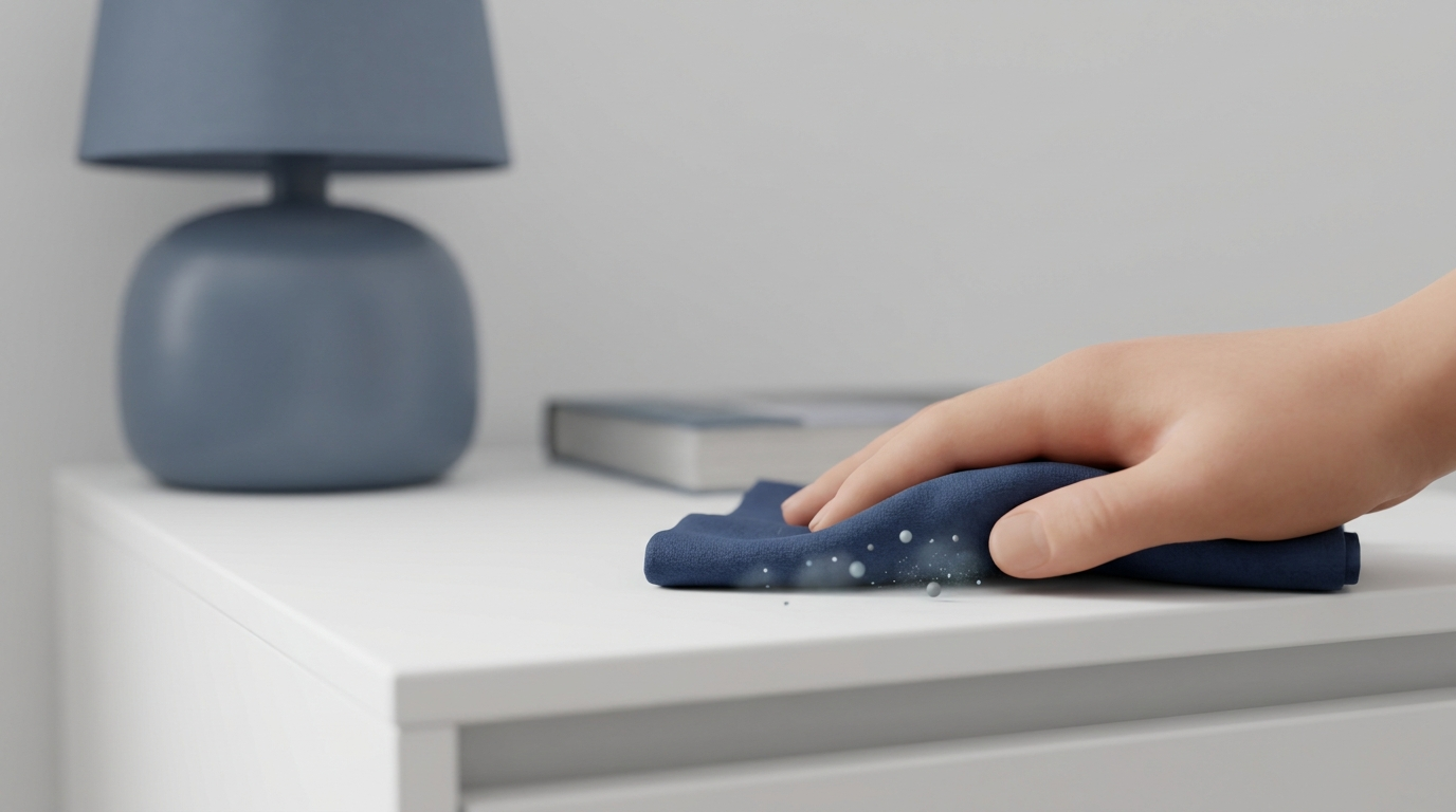 Decluttered nightstand and damp dusting with microfiber cloth