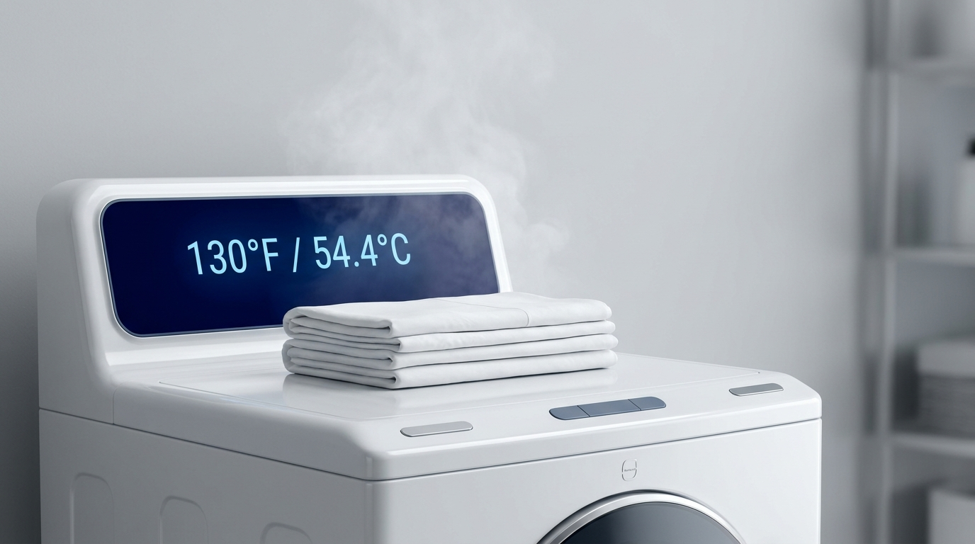 Hot‑wash routine at 130°F for bedding in a front‑loader washer