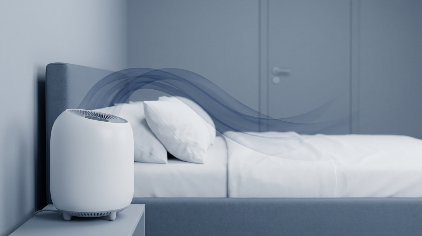 HEPA air purifier placed near the bed directing clean airflow across the pillow zone