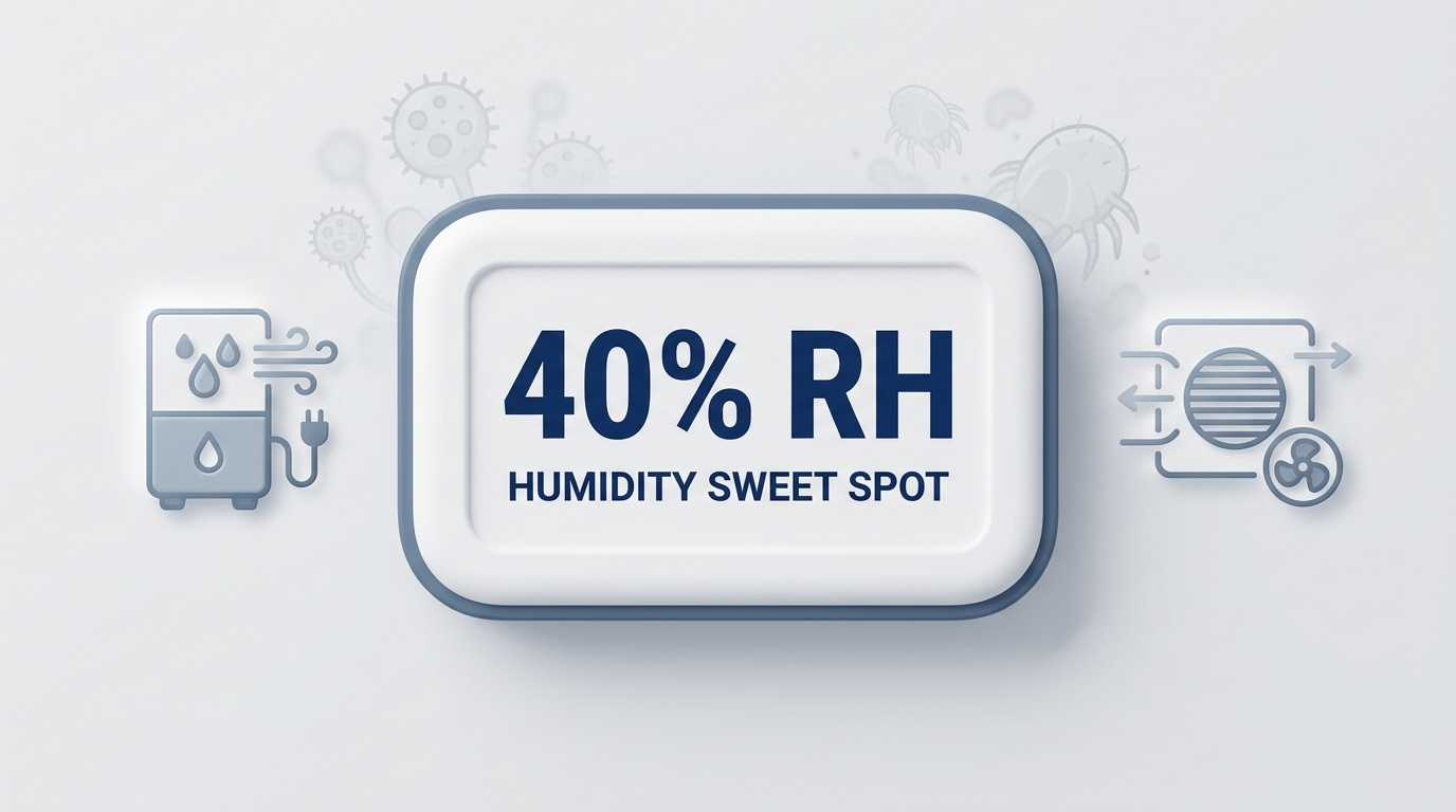 Hygrometer reading 40% RH with dehumidifier and vent icons indicating the 30–50% sweet spot