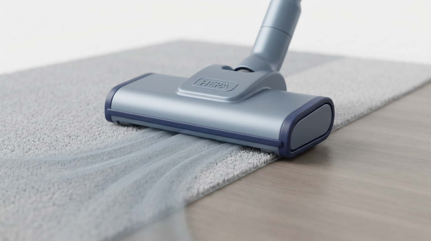 HEPA vacuum on low-pile rug beside sealed hardwood