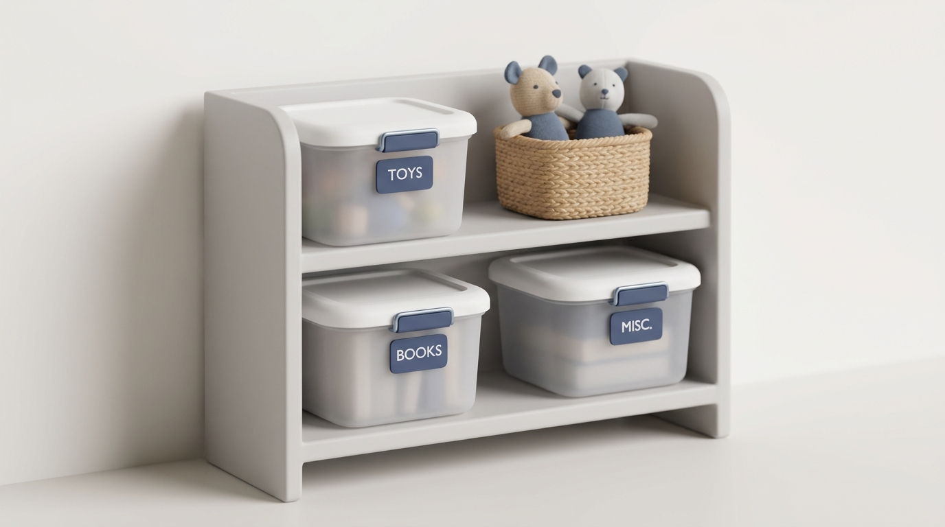 Closed storage bins with lids on simple shelving