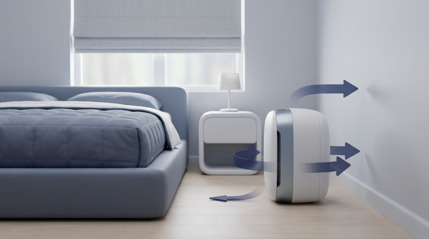 HEPA air purifier placed with clearance near bed